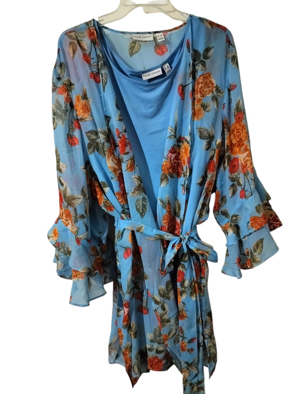 6088)Susan Graver 2-pcs Semi Sheer Floral Chiffon Kimono & matching tank Plus 3X
